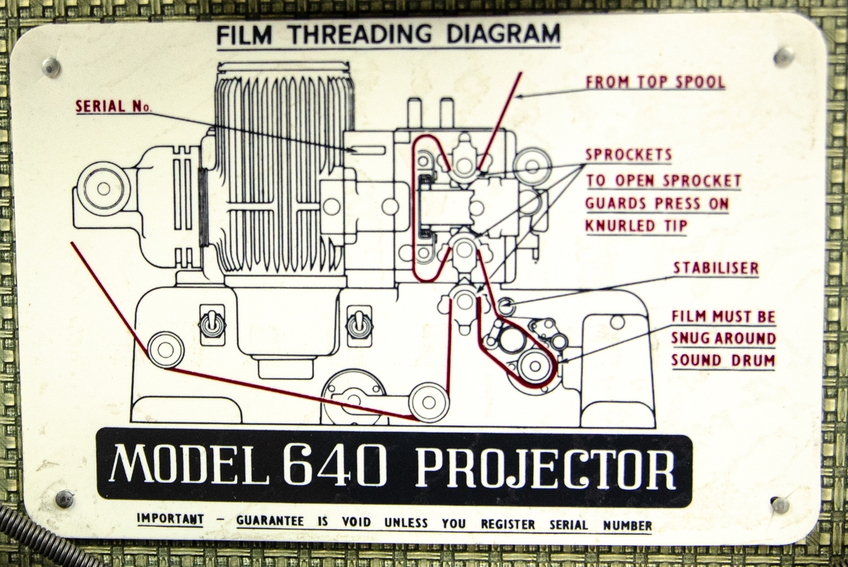 Filmprojektor 16MM, Bell & Howell. Projektor med inbyggd förstärkare, extern högtalare. Möjlighet att ansluta yttre mikrofon. En för sin tid mycket avancerad projektor med en mängd inställningsmöjligheter av såväl själva filmuppspelningen som förstärkarenheten. Är monterad i trälåda med bärhandtag. Avsedd för 110V ac. Anslutningssladd saknas.