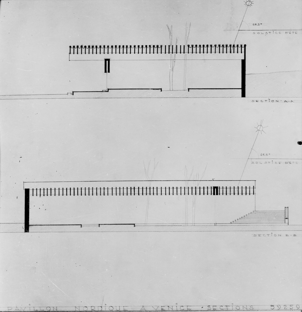 Avfotograferte arkitekttegninger av Venzia-paviljongen, tegnet av Sverre fehn.