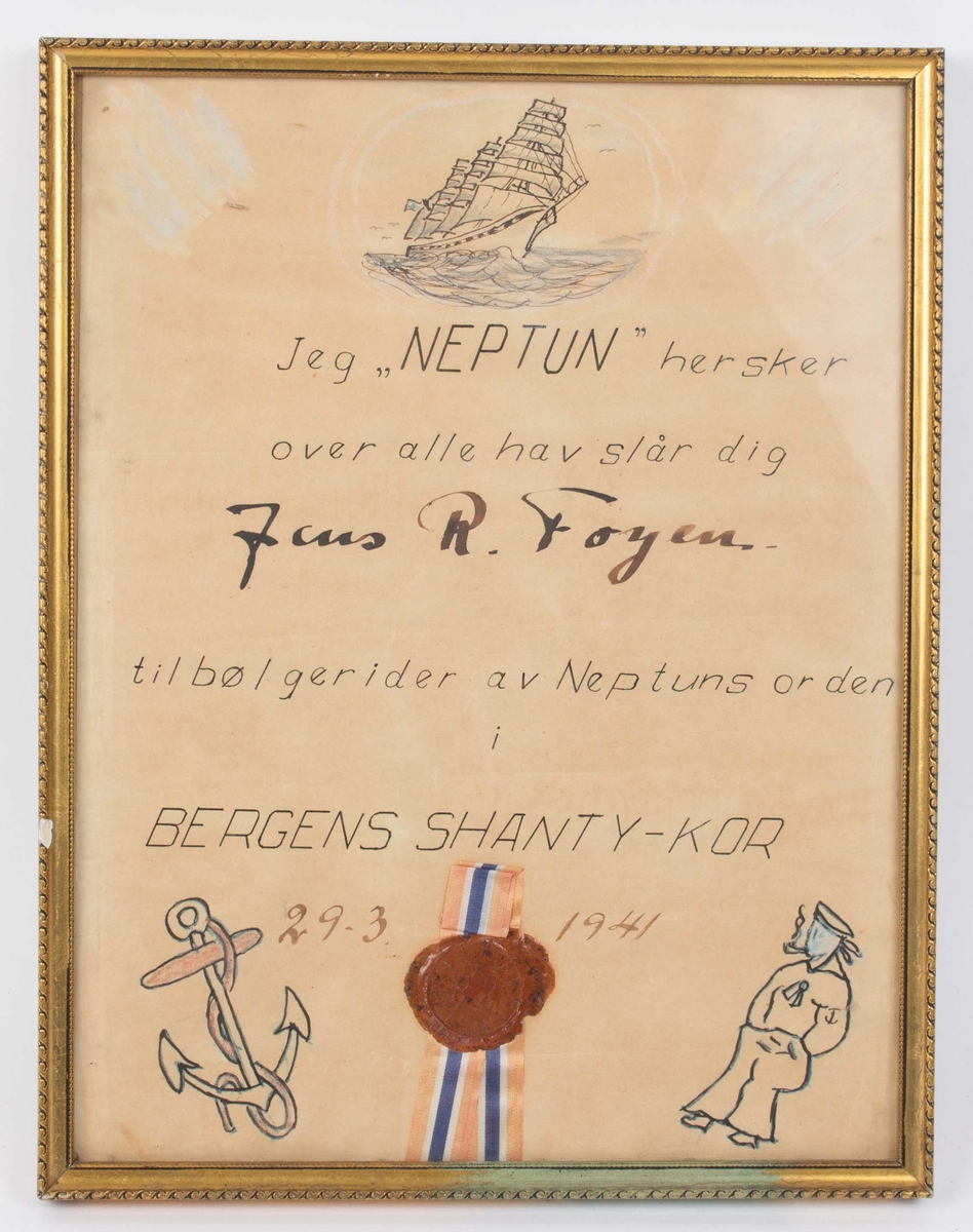 Diplom med tegning av seilskip, anker og sjømann (amatørmessig). Med signet-stempel for Bergens Shanty-kor.