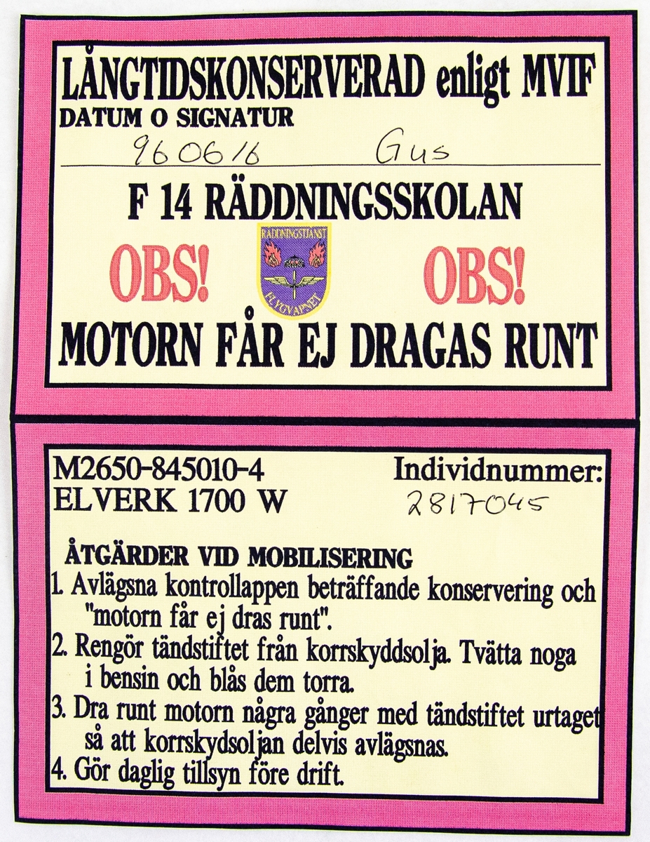 Elverk 1700W. Motor Honda, GX140. Vikt 35 KG, 1600W. Kontinuerl 1900W MAX 30 min. 220V 50HZ bensin 4-takt. Med tillhörande instruktionsbok och följesedel.