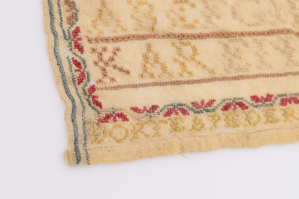Navneduk, lin, naturfarget. 
Langsidene er fallet kortsidene har jare.
Brodert med silketråd i blått, rødt, gult, beige, lys oker: øverst tall.
På linjer nedenfor: bokstaver i forskjellige størelser.
Nederst: KAREN FO og DORTEA PEDERSDATER NO618(?)