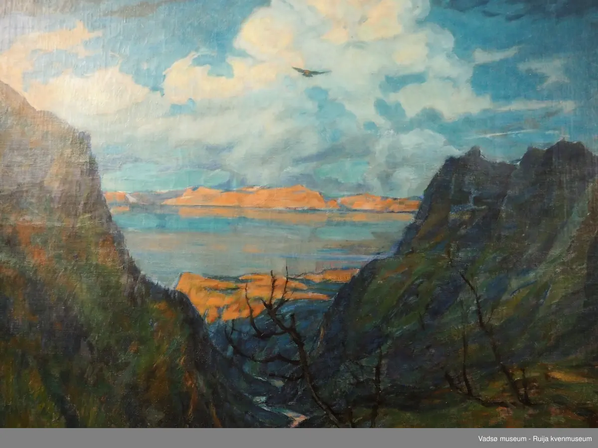 Olje på lerret. Noe skader. På baksiden: "Solnedgang i Djævlidalen (?)"