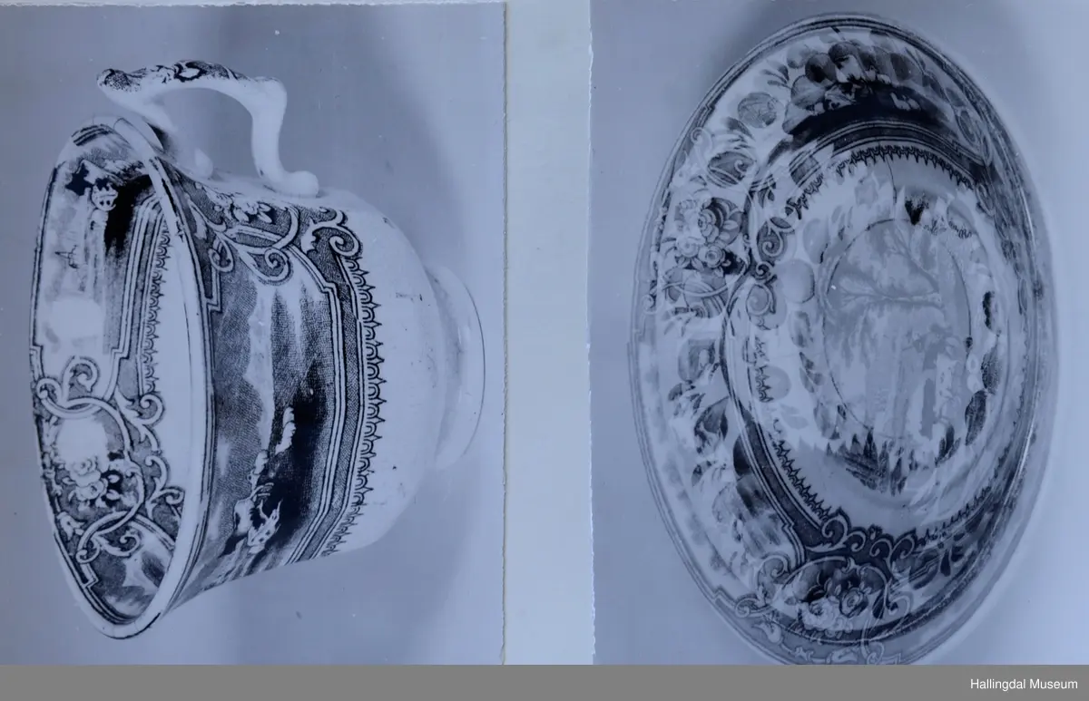 a) Kopp: Stentøy, hvit, liten. Markert fotring. Siden svunget. Utv. polygongal, trykte sorte dekorasjoner. I bunnen innv. landskap. langs randen innv. og utv. 2 blomsterornamenter og 2 felt med kuer og sauer i et slettelandskap. Sprukket.
b) Skål: Stentøy, hvt, rund. Forholdsvis dyp med skrå side. Siden samme dekor som koppen. I bunnen landskap med trær, vindmølle, rytter og kyr. Sprukket og limt. R.B.S.