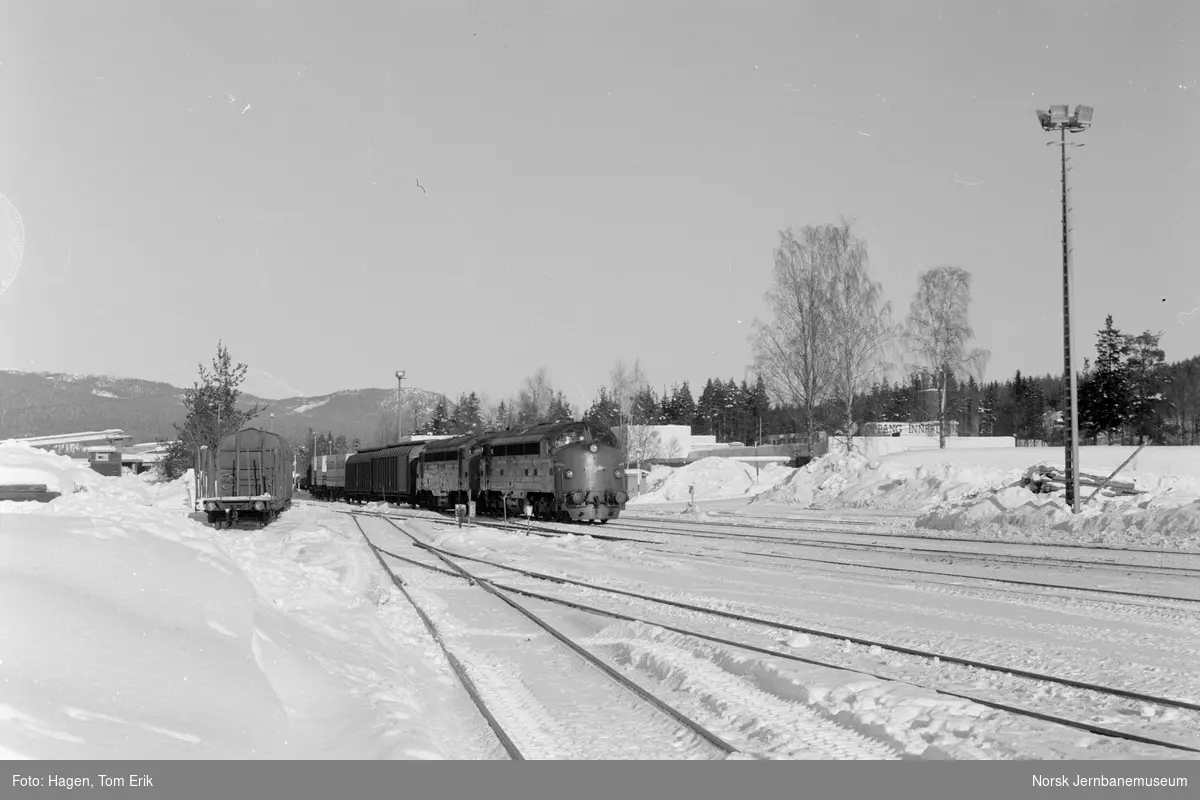 Diesellokomotiv Di 3 610 og innleid dansk diesellokomotiv My 1124 med godstog på Koppang stasjon