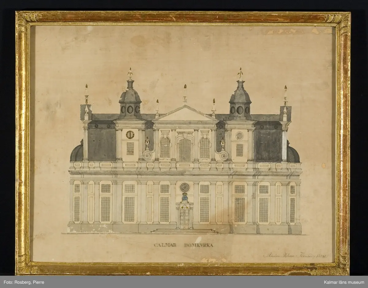 KLM 39711. Tavla, teckning. Motiv föreställande Kalmar domkyrka med färglagda detaljer. Signerad: Anders Johan Törnberg, 17/11 1781. Förgylld ram av trä.