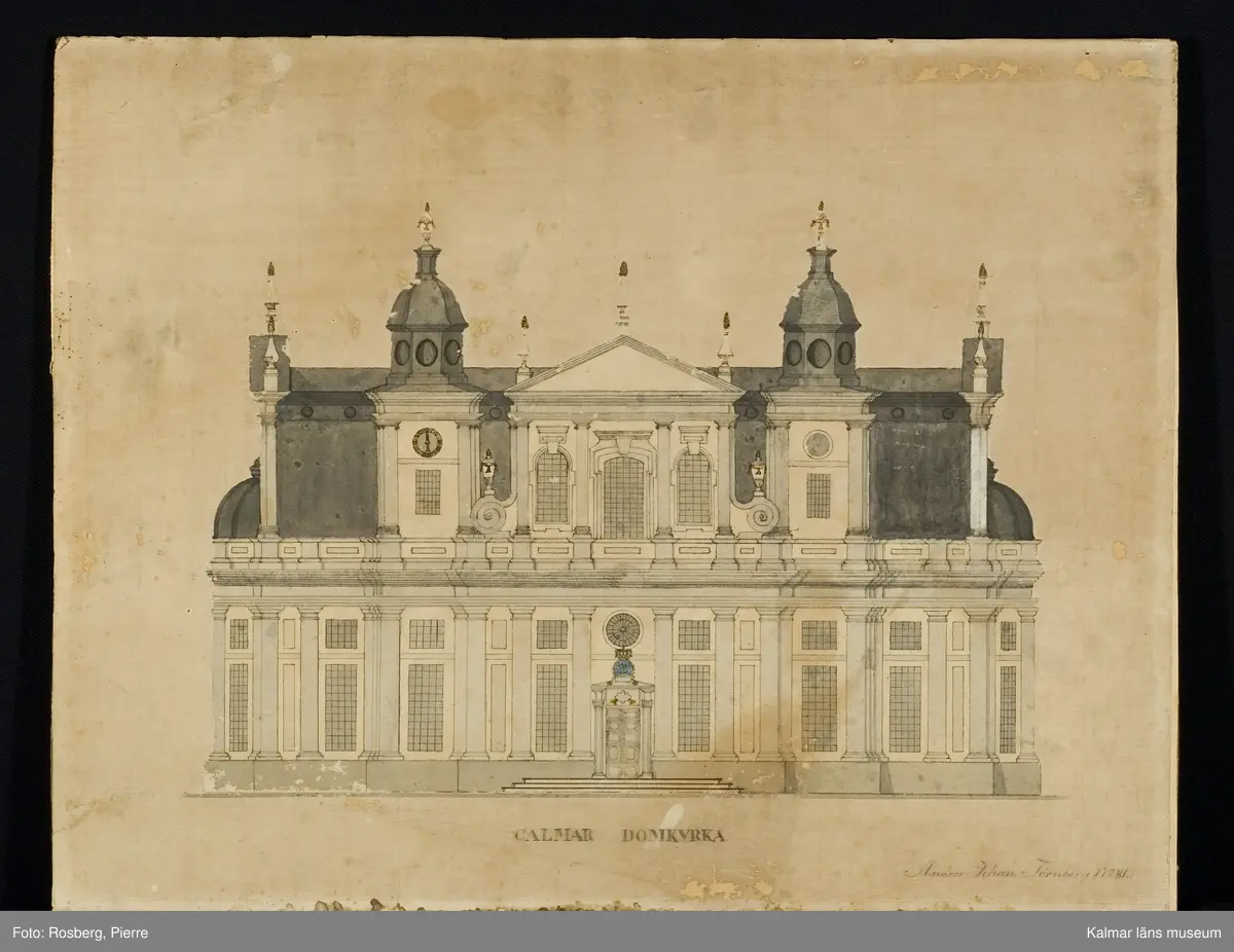 KLM 39711. Tavla, teckning. Motiv föreställande Kalmar domkyrka med färglagda detaljer. Signerad: Anders Johan Törnberg, 17/11 1781. Förgylld ram av trä.