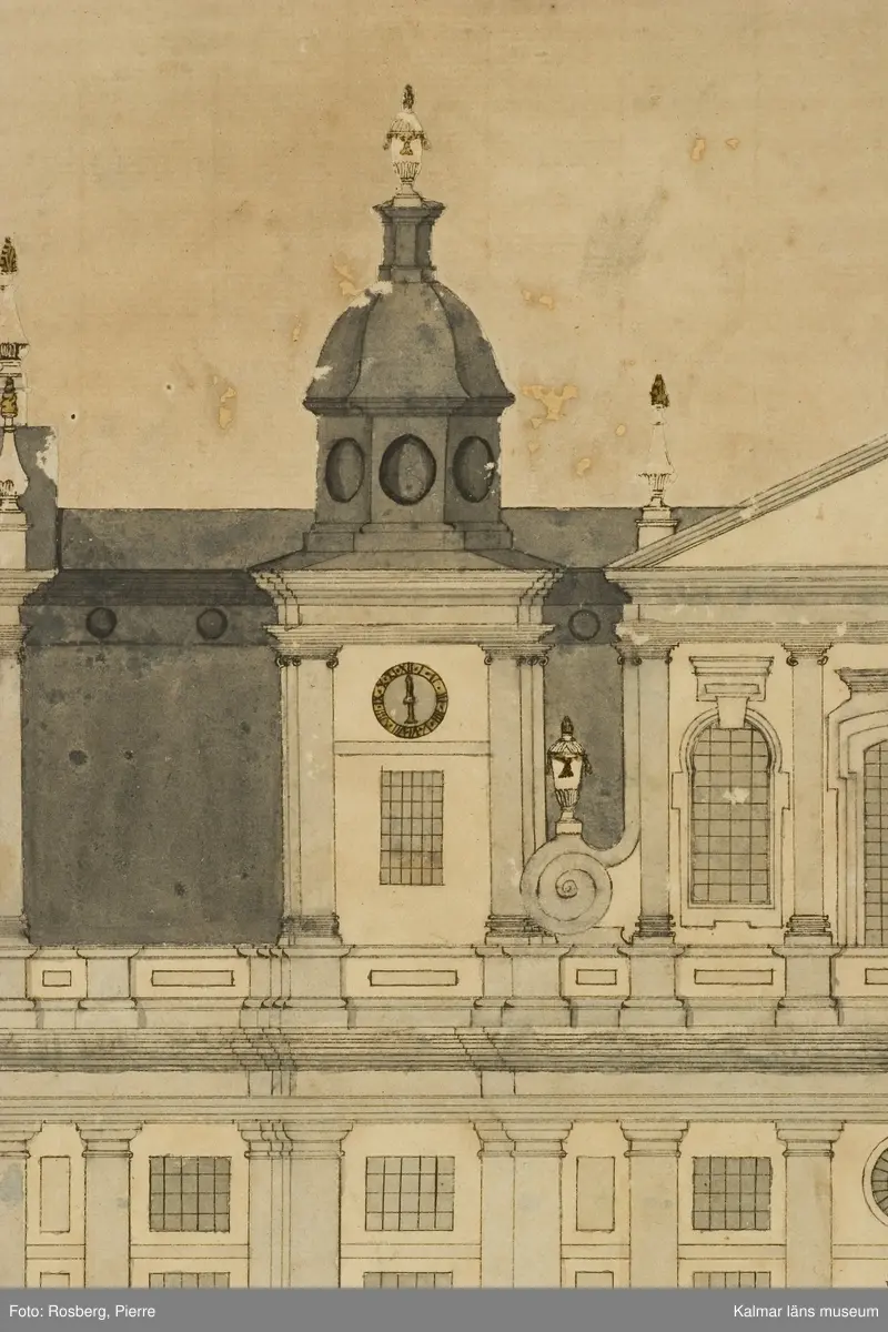 KLM 39711. Tavla, teckning. Motiv föreställande Kalmar domkyrka med färglagda detaljer. Signerad: Anders Johan Törnberg, 17/11 1781. Förgylld ram av trä.