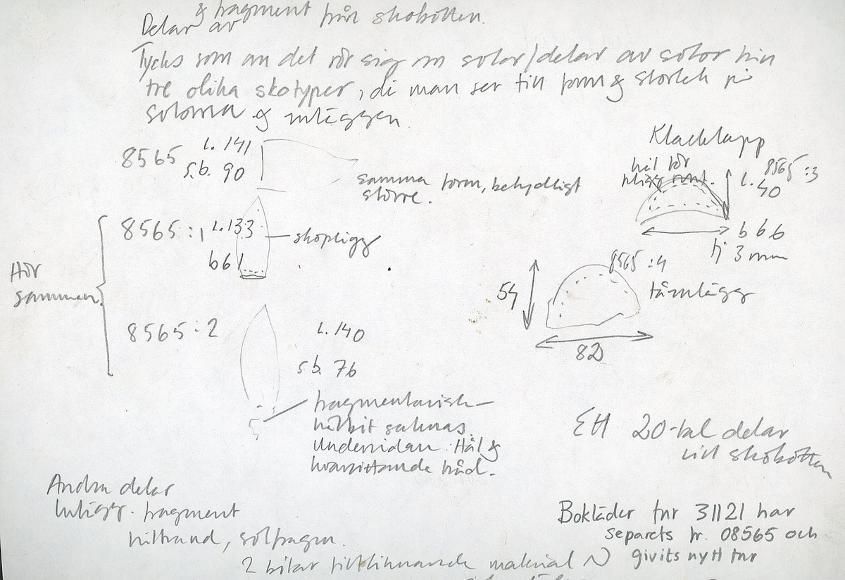 Delar och fragment från skobottnar.
Sulor fyndnummer 08566, 08565:1 och 08565:2 härrör från en och samma skobotten. Sulorna har ett något spetsigt format tåparti.
Sula fyndnummer 08565:1 är avskuren vid partiet för hålfoten. I  den skurna kanten löper hål efter stygn. På sulans främre del finns hål efter träpligg.
Sula fyndnummer 08565:2 har ett fragmentariskt hälparti. På undersidan syns hål efter stygn med kvarsittande tråd.
En klacklapp, fyndnummer 08565:3.  Runt ytterkanterna löper hål efter träpligg eller stygn.
Ett inlägg från skobottens tåparti, fyndnummer 08565:4.
Totalt ett 45-tal fragment och delar av holtrand, sulor, inlägg m.m. samt ett filtfragment i två delar.