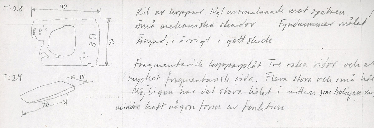 Plåtbit och en kil av koppar. Kopparplåten har tre raka sidor en mycket fragmentarisk sida. Det finns flera stora och små korroderade hål. Möjligen har det stora hålet i mitten, ursprungligen mindre, haft någon form av funktion. Tjocklek på kopparplåt 0,8 mm och kil 2,4 mm. Kilen är spetsigare i den avsmalnande änden. Små mekaniska skador på ytan. Ärgad men i övrigt i gott skick.