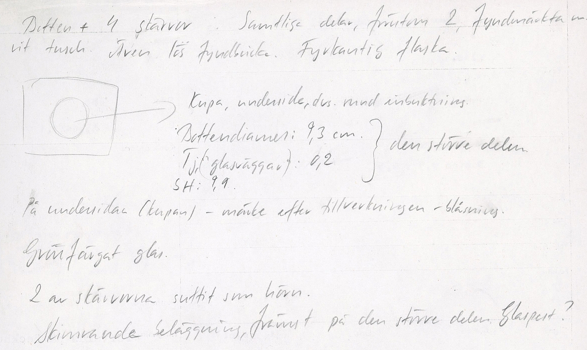 Botten samt fyra skärvor från fyrsidig flaska med stucken botten. På bottnens undersida finns ett puntelmärke. Glaset är grönfärgat och har en iriserande beläggning.

No damage. All pieces are a light green color and are from a case bottle.
10194a: has worn spot
10194c: Consists of two artifact numbers that have been glued together. Artifact has moderate scaling.