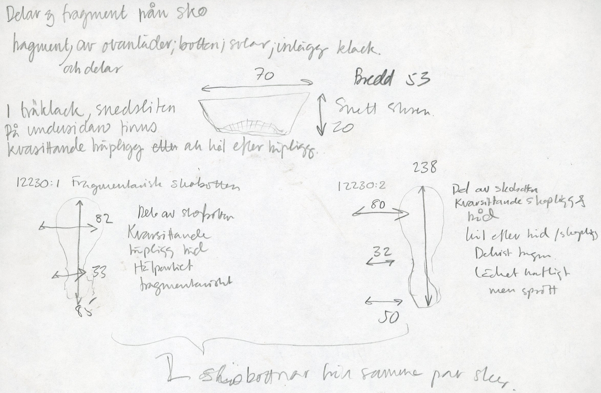 Delar och fragment från sko. Totalt rör det sig om ett 40-tal delar och fragment från ovanläder, sulor, klack och inlägg.
En träklack, fyndnummer 12230. Klacken sidor är skurna snett. På undersidan finns kvarsittande träpligg samt hål efter träpligg. Klacken är något snedsliten. Träet är fuktigt.
Delar av två skobottnar, fyndnummer 12230:1 samt 12230:2. Bottnarna härrör från ett och samma par skor. Skobottnarna har kvarsittande träpligg och tråd. Skobottennarna är delvist fragmentariska och fyndnummer 12230 saknar hälpartiet. Lädret är relativt kraftigt men sprött.