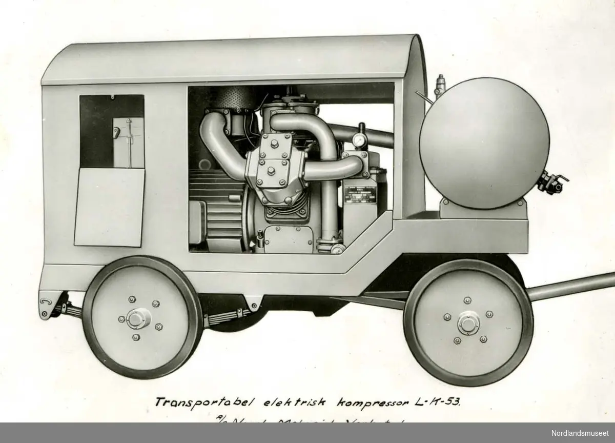 Gruvedrift. 
Mobil elektrisk drevet kompressor L-K-53. Produsent av A/S Norsk Mekanisk Verksted. 

Foto fra en reklamebrosjyre.