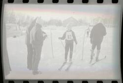 Fotografi av tre barn som går på ski i en skiløype i et skil