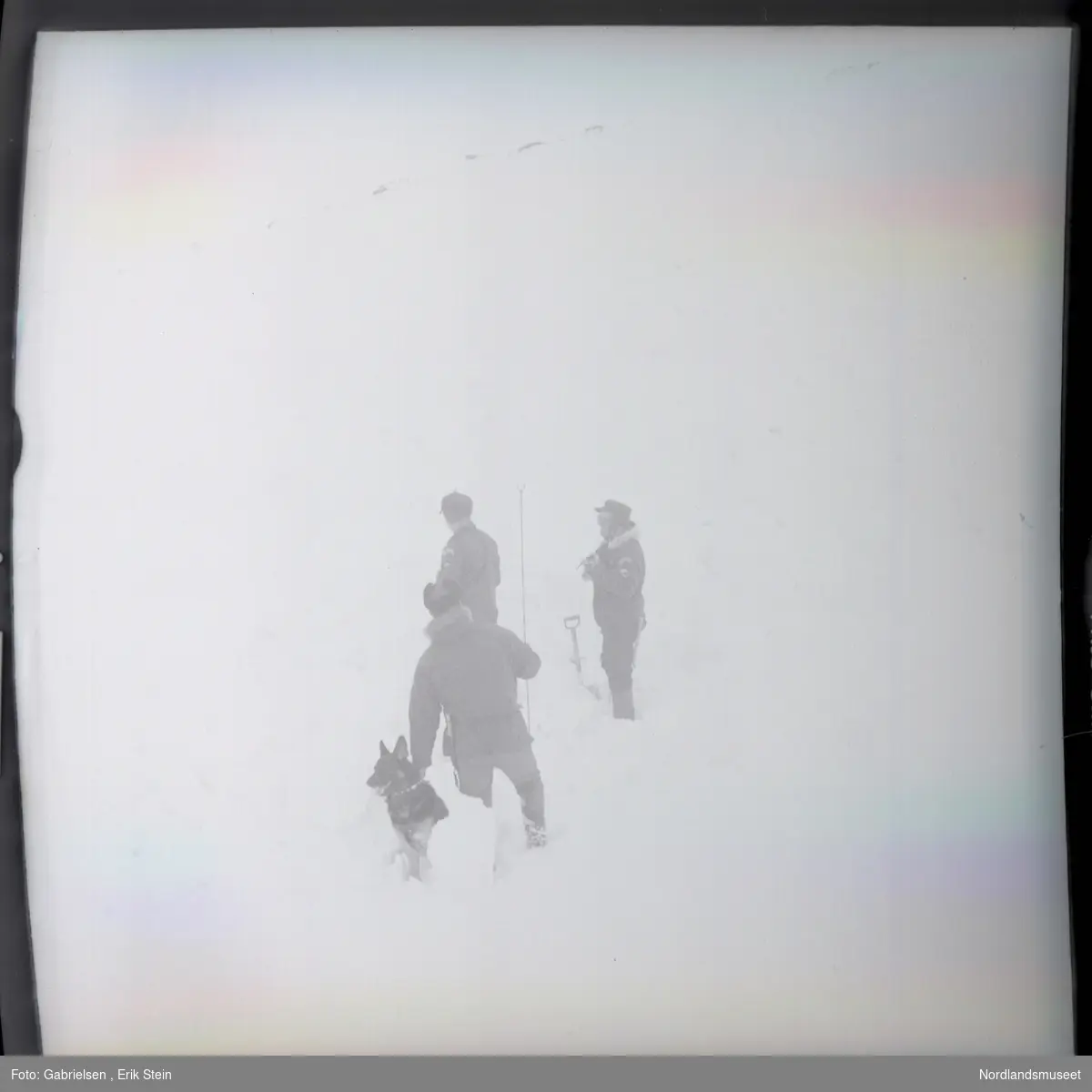 Fotografi av tre menn kledd i vinterklær 
som står i snøen på et fjellområde 
med en hund i en snøstorm på fjellet
og noen berg som stikker opp fra snøen i bakken
over de og en spade som står i snøen som to av mennene
har brukt til noe arbeid i snøen