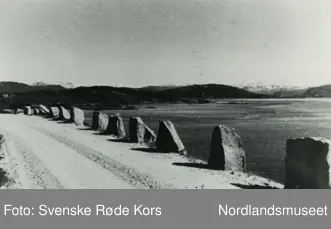 Fotografi av riksveien som går fra Fauske til Bodø 
som det står en rekke steiner som et gjerde ved veien
og utsikt til en fjord og noen lier med skoger og fjell 
lenger borte som det ligger snø på og noen hus 
lenger borte