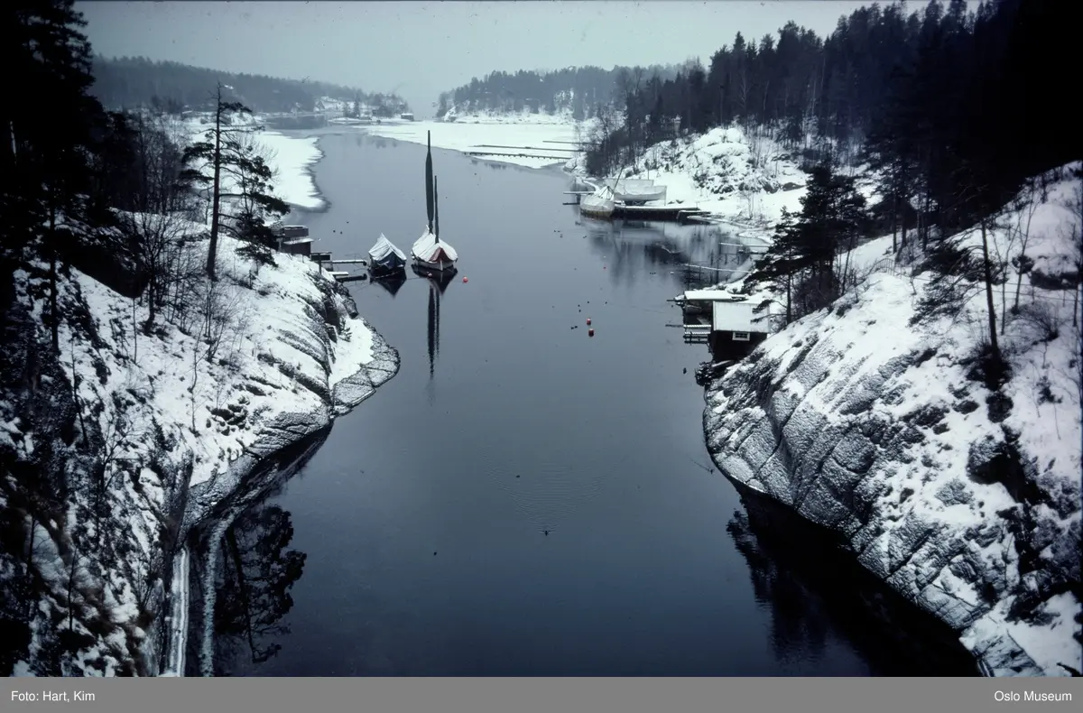 fjord, sund, seilbåt, brygger, skog, snø