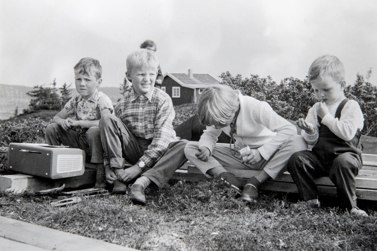 Gruppe 4 barn, søsknene Furulund på hyttetur. Bildet er tatt på Grunnåsen i Ringsaker, ved hytta til Henrik Furulund. Hytta hadde navnet "Fisut". Fra venstre: Edgar Furulund, Vidar Furulund, Wenche Furulund og Trond Furulund. Bildet er fra 1960.