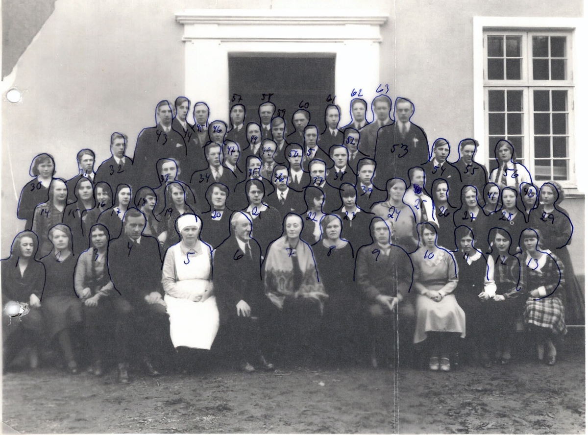 Ringsaker, gruppe elever og lærere ved Ringsaker fylkesskole med blant annet Alf Prøysen som elev, se navneliste i foto, (senere Ringsaker Folkehøgskole), Prøysen i tredje rekke, nunmmer fire fra venstre,