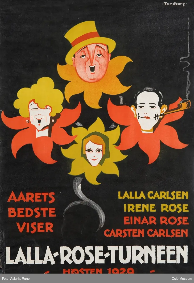 Plakat for LALLA/ROSE/TURNEEN, Høsten 1929, med Lalla Carlsen, Einar Rose, Irene Rose og Carsten Carlsen.