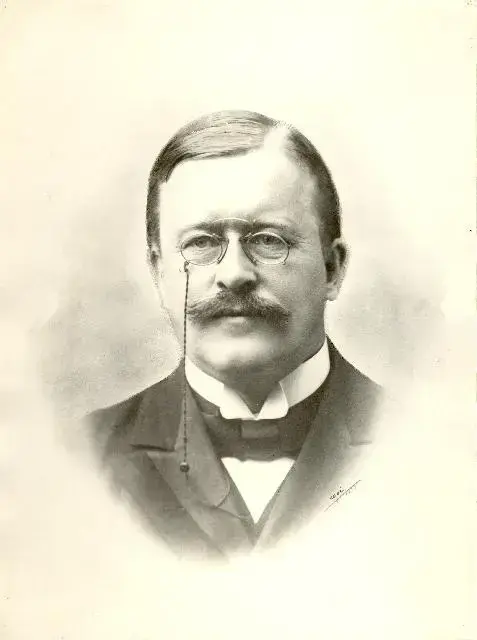 Svart-hvitt foto, mer enn 100 år gammelt. Portrett av Johan Castberg, en alvorlig mann i dress med bart og lorgnett.