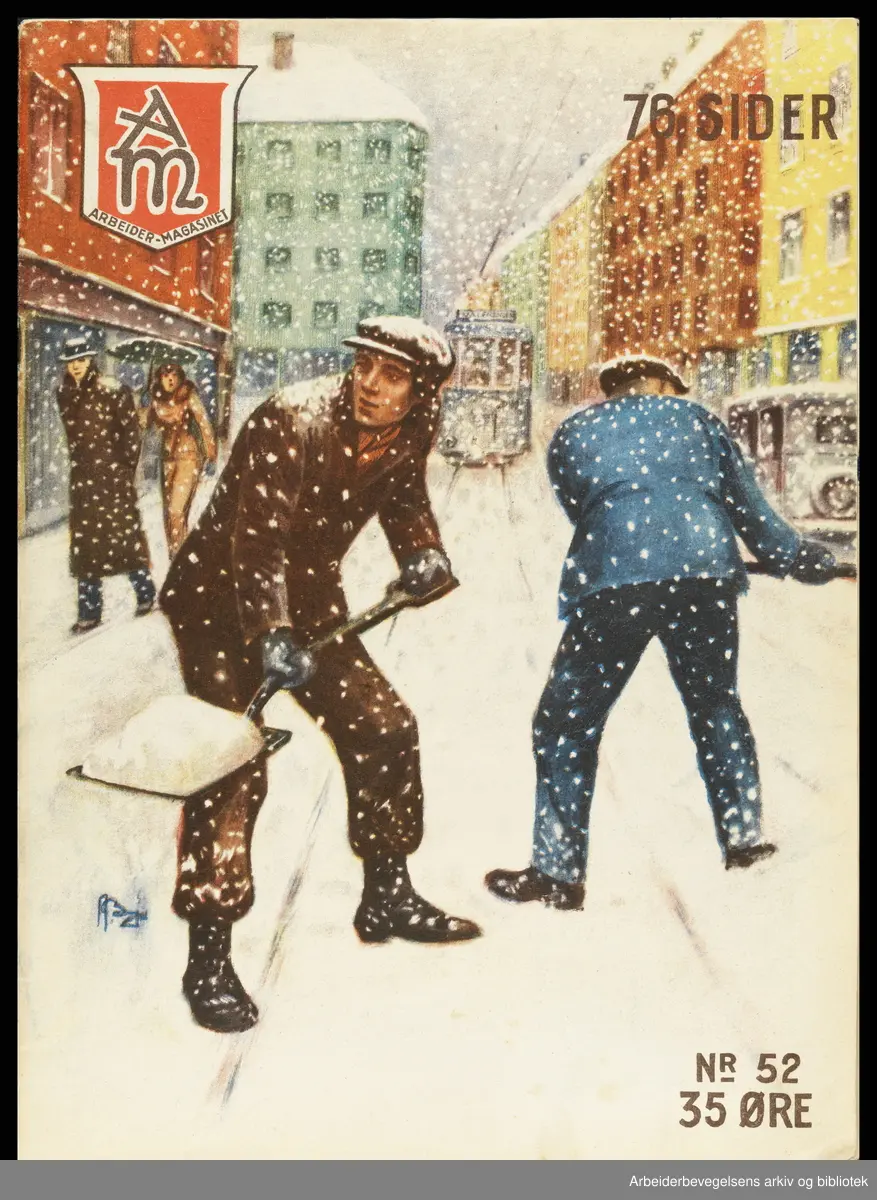 Arbeidermagasinet - Magasinet for alle. Forside. Nr. 52. 1938. Snørydding i Oslos gater. Illustrasjon: Anders Bjørgaard..