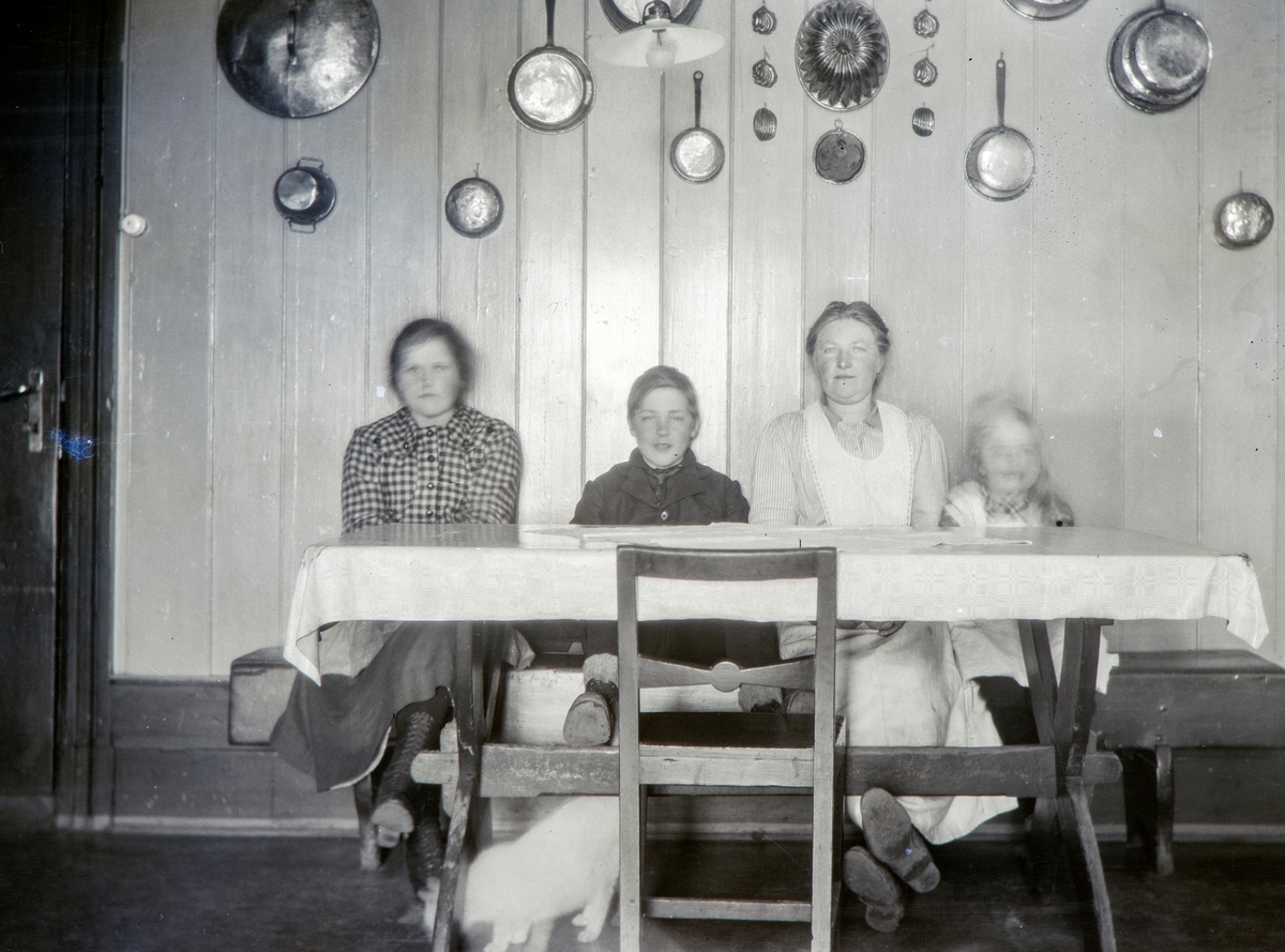 Bilde fra kjøkkenbordet på gården Ottestad nordre på 1920-tallet. Til venstre: Ingeborg Jønsberg, Odvar Gjestvang (1908-2002) Ella Gjestvang f Eli Såstad     (1881-1949) og Andrea Glærum f. Gjestvang (1914-1993). Kjøkkeninteriør.