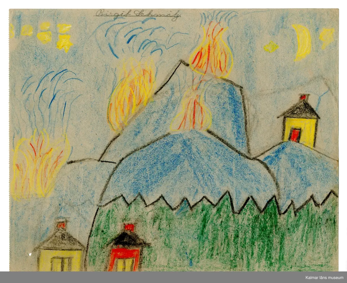 Vulkaner som brinner? Nedanför ligger hus ?
