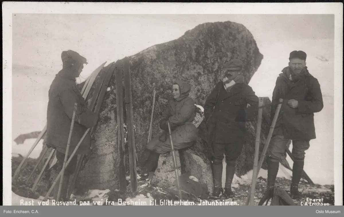 menn, kvinne, ski, stein, snø