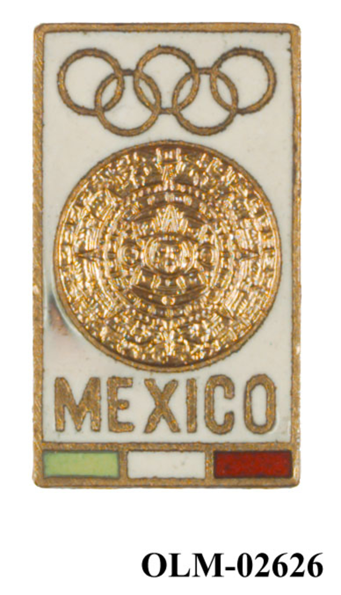 Flerfarget merke/pins med logo for de olympiske sommerleker i Mexico i 1968.