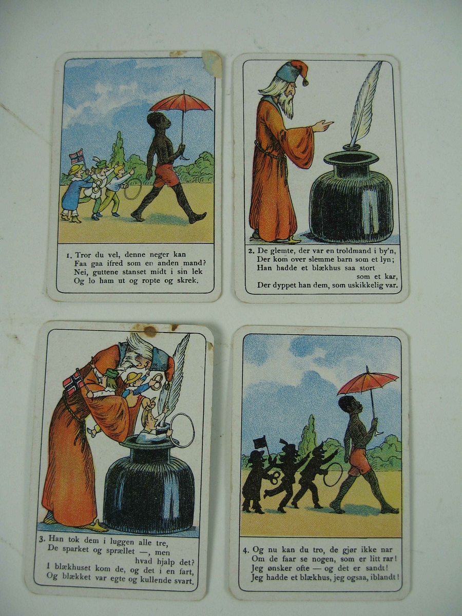 Kortstokk med 32 kort. Baksiden er lys blå, mens forsiden har en tegning og tekst med vers og nummerert 1 til 4. Fire kort hører sammen, de danner til sammen en historie, som til dels er meget oppdragende. Kortstokken ligger i et omslag med spilleregler som i sin tur ligger i en eske merket Busteper og Kristiania N W Damm & Søn.Kortstokken kostet kr 1,50.