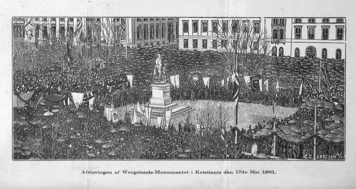 Wergeland, avduking, statue, Studenterlunden, kobberstikk,