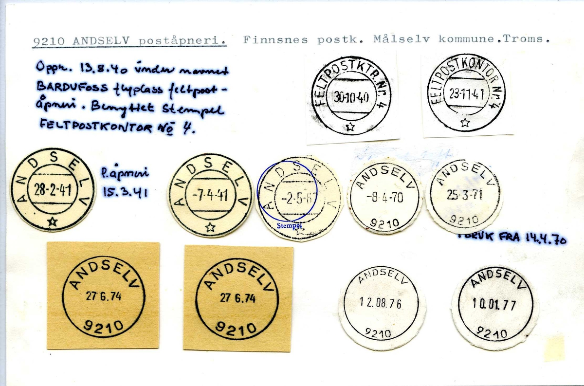 Stempelkatalog,  9210 Andselv, Finnsnes, Målselv, Troms