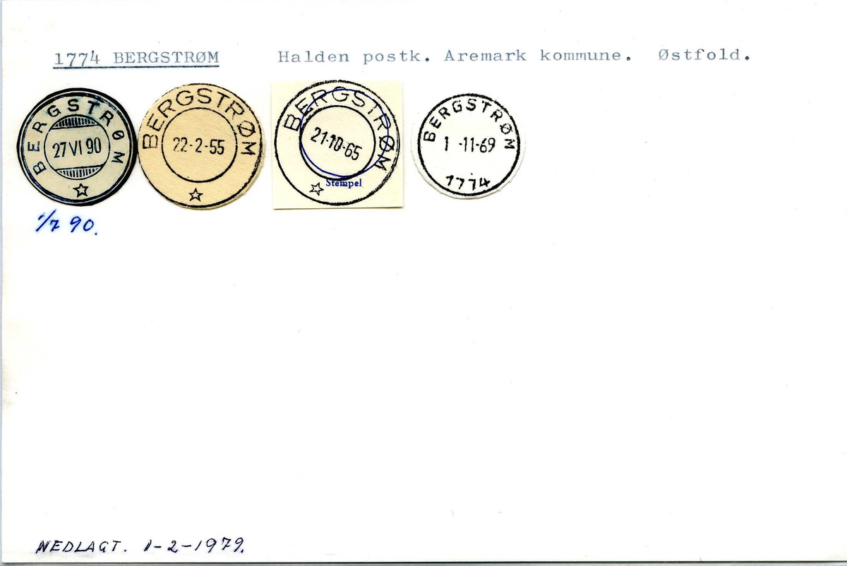 Stempelkatalog,  1774 Bergstrøm. Halden postkontor. Aremark kommune. Østfold fylke.