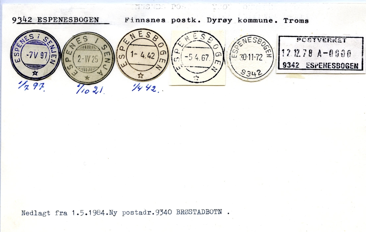 Stempelkatalog,9342 Espenesbogen, Finnsnes postk., Dyrøy komm., Troms