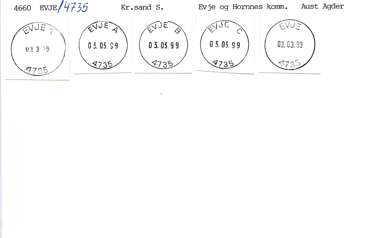 Stempelkatalog. 4660 Evje, Kr.sand, Evje og Hornes komm., Aust-Agder