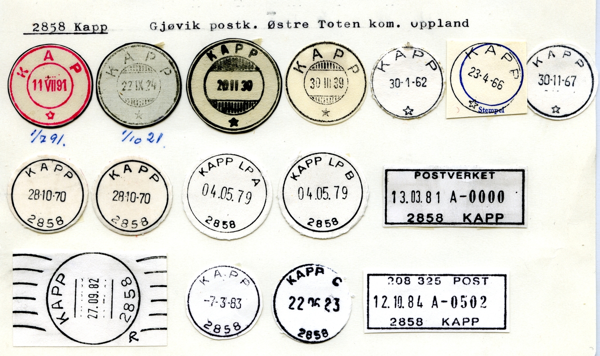 Stempelkatalog.2858 Kapp, Gjøvik postk.,Østre Toten kommune, Oppland