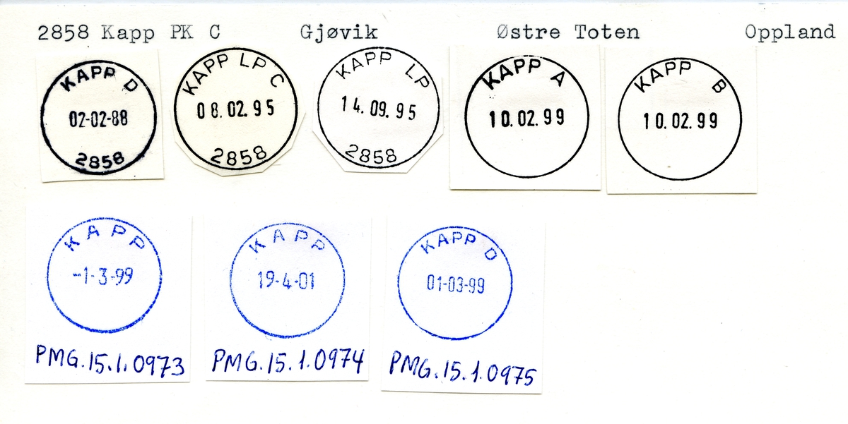 Stempelkatalog.2858 Kapp, Gjøvik postk.,Østre Toten kommune, Oppland