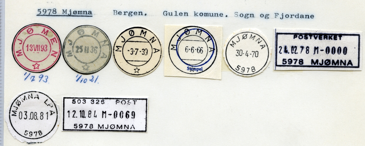 Stempelkatalog  5978 Mjømna, Gulen kommune, Sogn og Fjordane
(Mjømen)