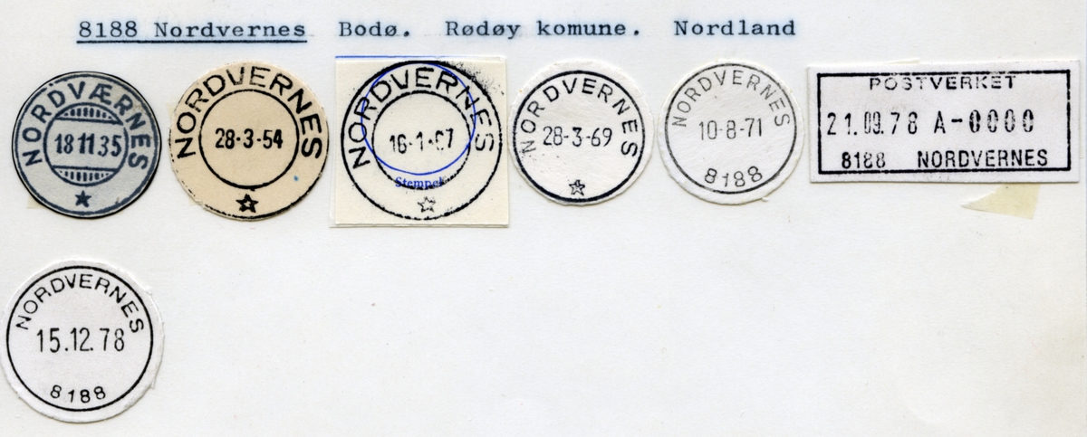 Stempelkatalog. 8188 Nordvernes. Bodø postkontor. Rødøy kommune. Nordland fylke.