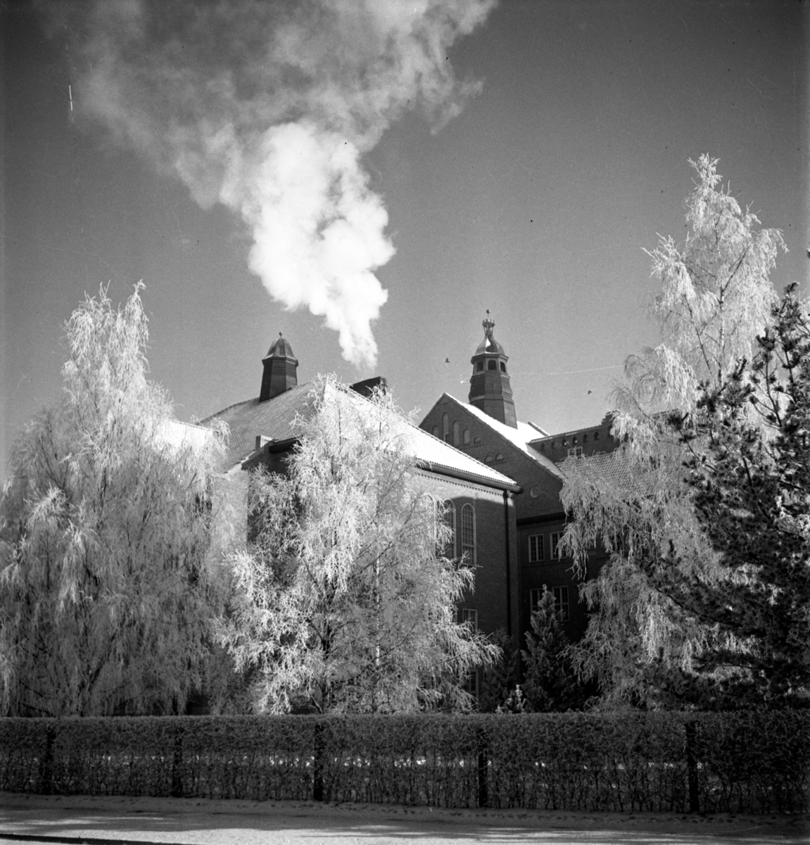 Einar Jagerwalls första bok, sid. 69: Linköpings läroverk i vinterskrud, Katedralskolan, vintern 1950.
År 1912 beslöt stadsfullmäktige att uppföra ett nytt läroverk. Den nya bygggnaden låg utanför dåvarande staden och var i stort omgiven av åkermark. Rektor för Linköpings högre allmänna läroverk var under tiden 1901-1926 Albert Vaerneus. Arkitekt Axel Brunskog och huvudentreprenör var byggmästaren Anders Ohlsson. Byggnaden fick en rik konstnärlig utsmyckning. Carl Fagerberg gjorde fasadens skulpturer medan Olle Hjortzberg smyckade aulan. Den 30 augusti 1915 samlades lärare och lärjungar i det gamla läroverkets aula och tågade därefter gemensamt till det nya läroverket, där uppropet skedde i den nya aulan. Invigningen dröjde till den 16 oktober 1915.