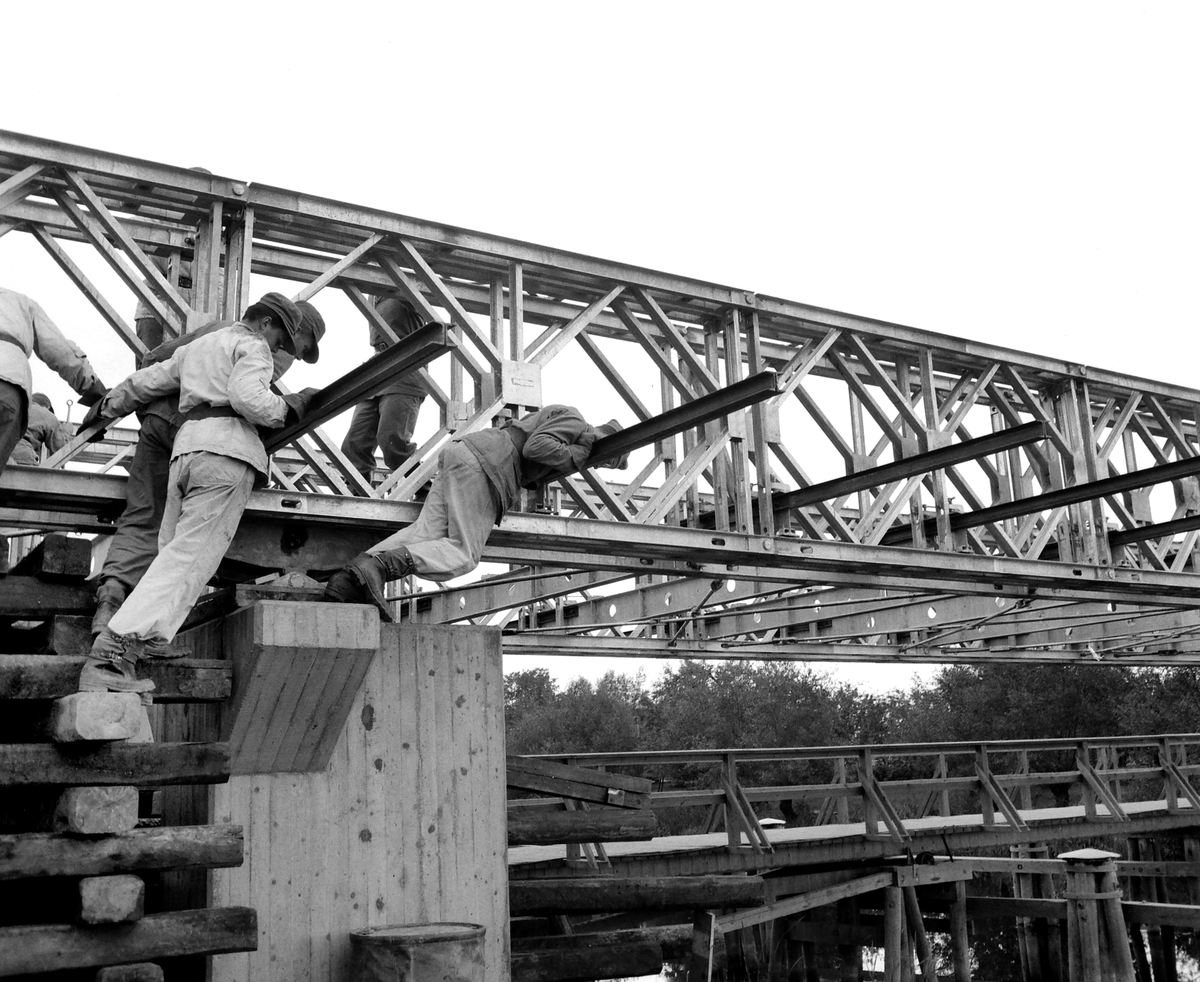 Militären bygger bro över Stångån i höjd med ASJ, 1959.