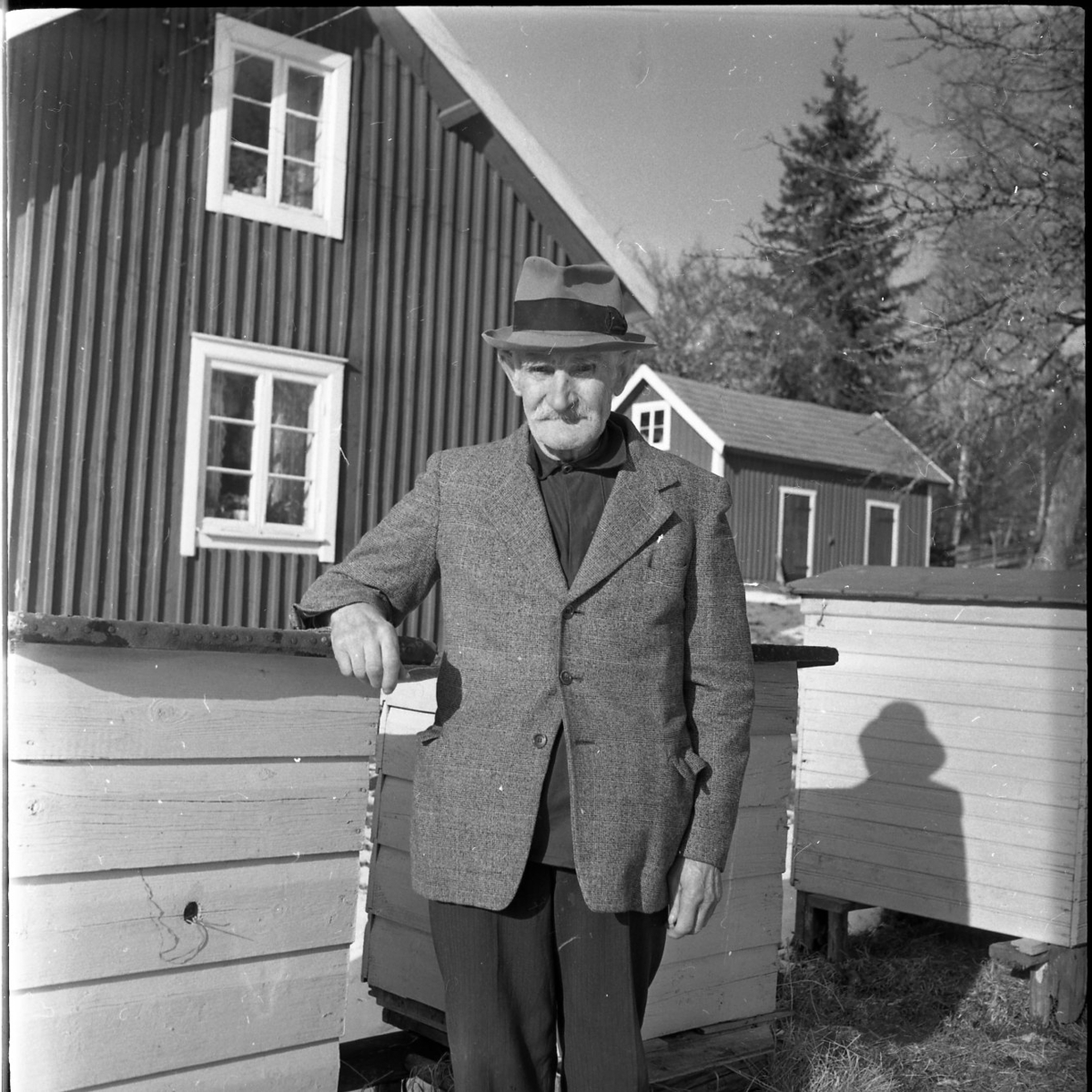 En äldre herre står lutad mot ett bisamhälle. Han bär kavaj och hatt. I bakgrunden syns ett bostadshus.