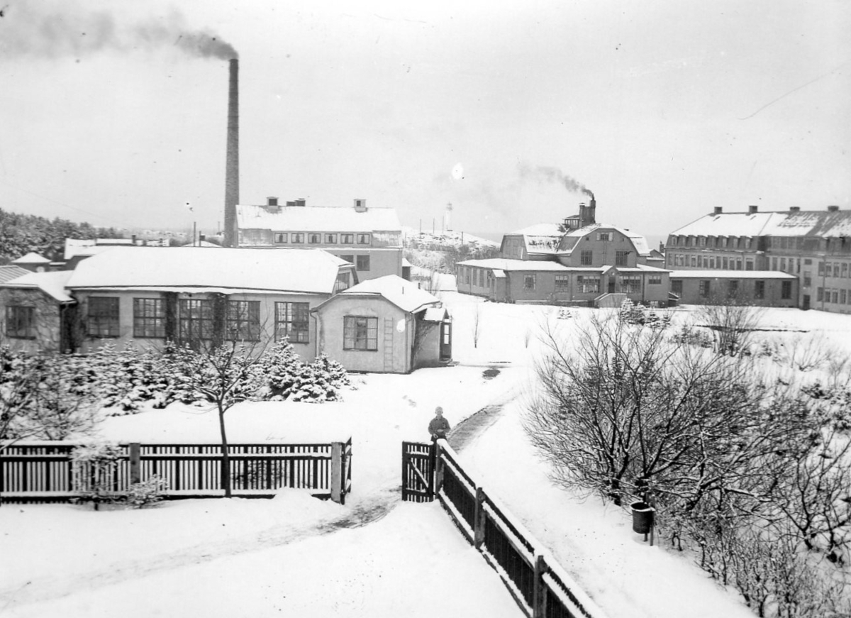 Vintervy över Kustsanatoriet Apelvikens byggnader. Bakom den öppna grinden kommer en pojke gående. I bakgrunden, mellan de rykande skorstenarna, syns Subbe fyr.