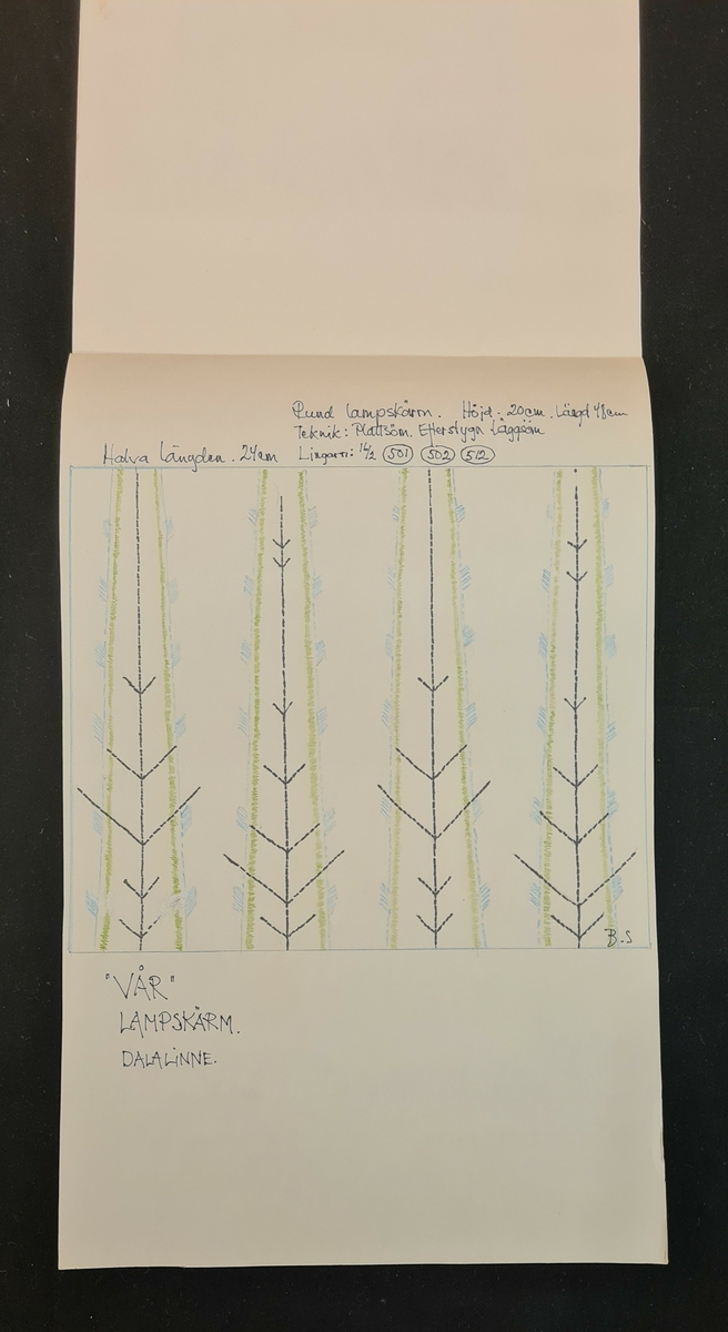 Mönster till lampskärmar.
''Synfoni''  2 ex blad med pappersmönster och broderidetaljer.
''Vår'' 2 ex blad med broderad detalj.