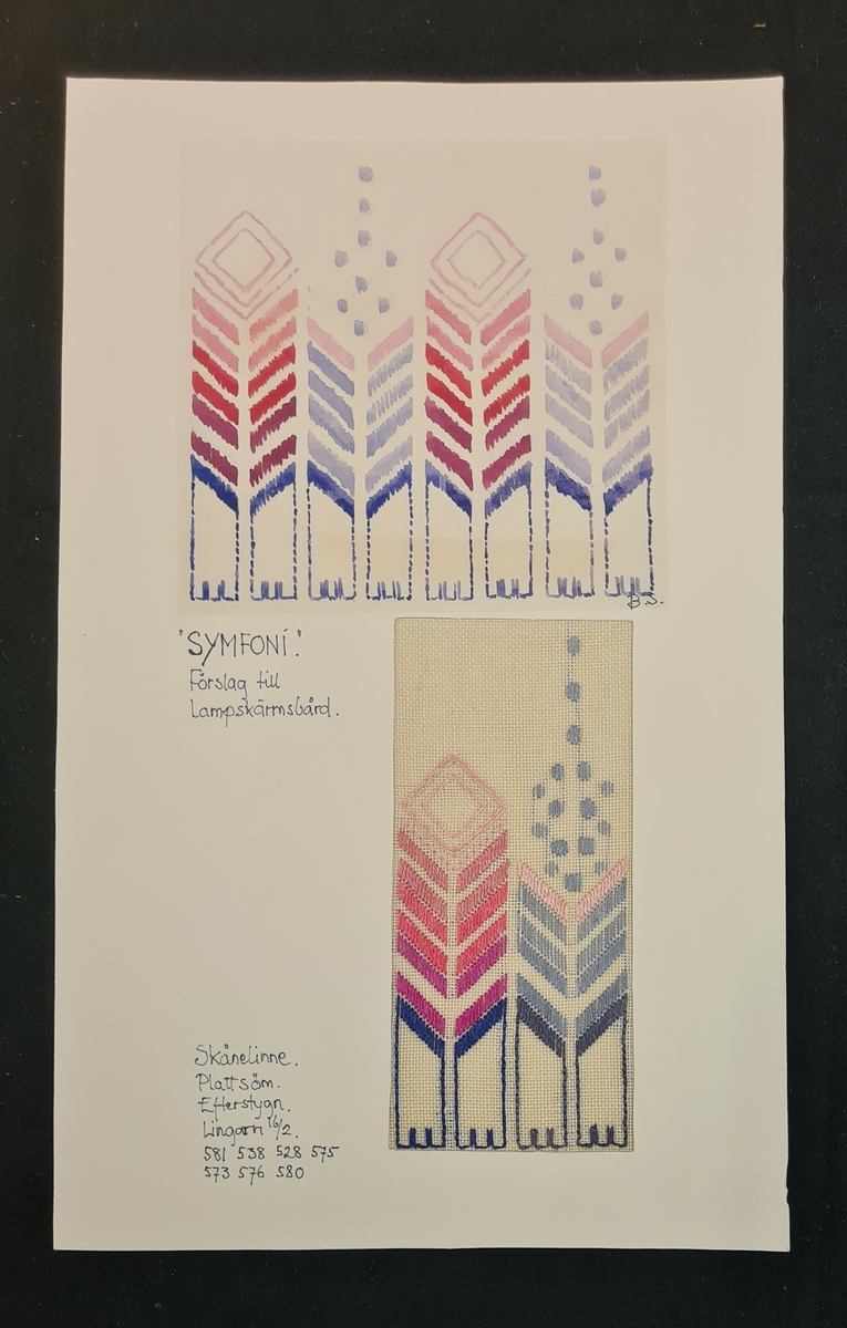 Mönster till lampskärmar.
''Synfoni''  2 ex blad med pappersmönster och broderidetaljer.
''Vår'' 2 ex blad med broderad detalj.