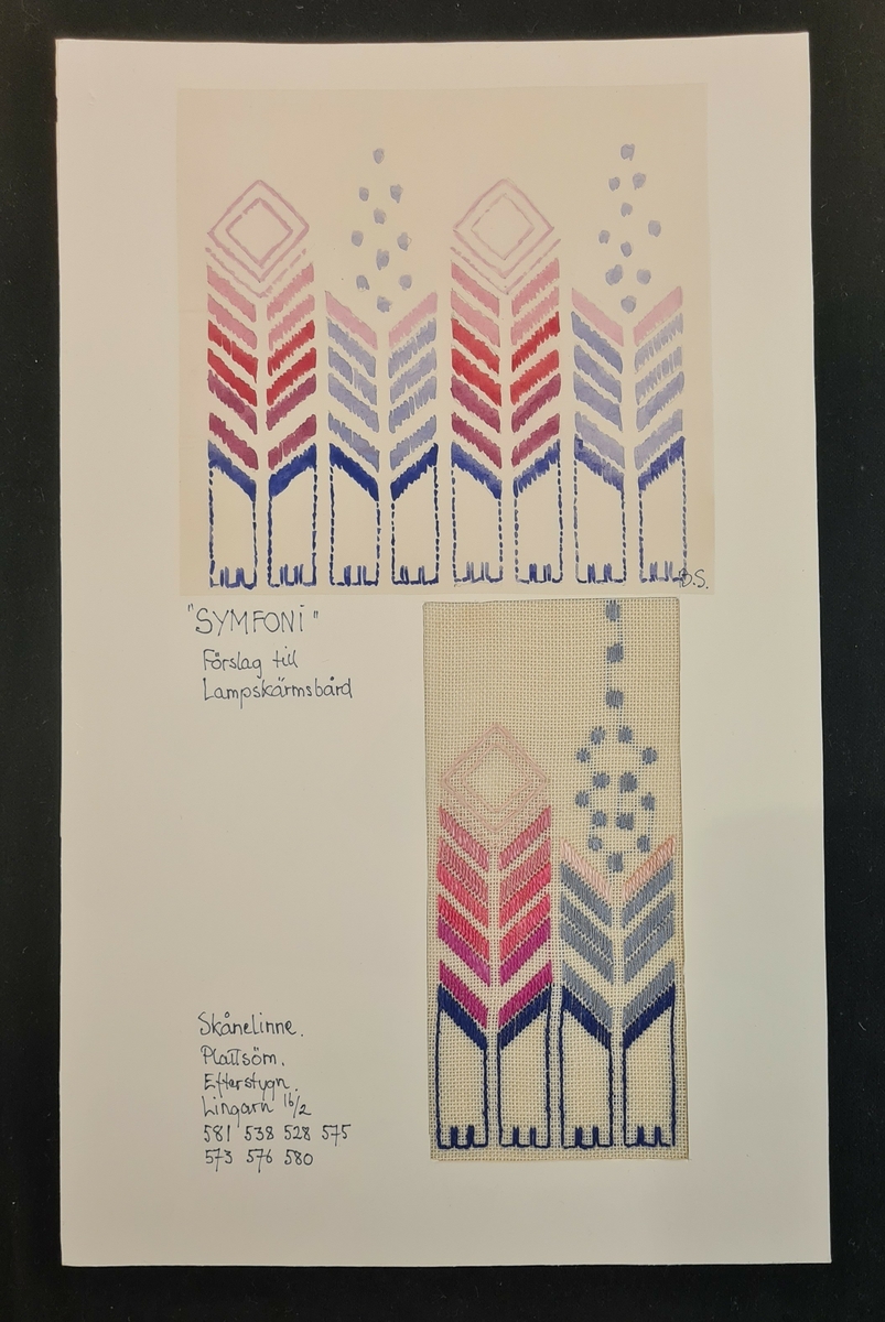 Mönster till lampskärmar.
''Synfoni''  2 ex blad med pappersmönster och broderidetaljer.
''Vår'' 2 ex blad med broderad detalj.