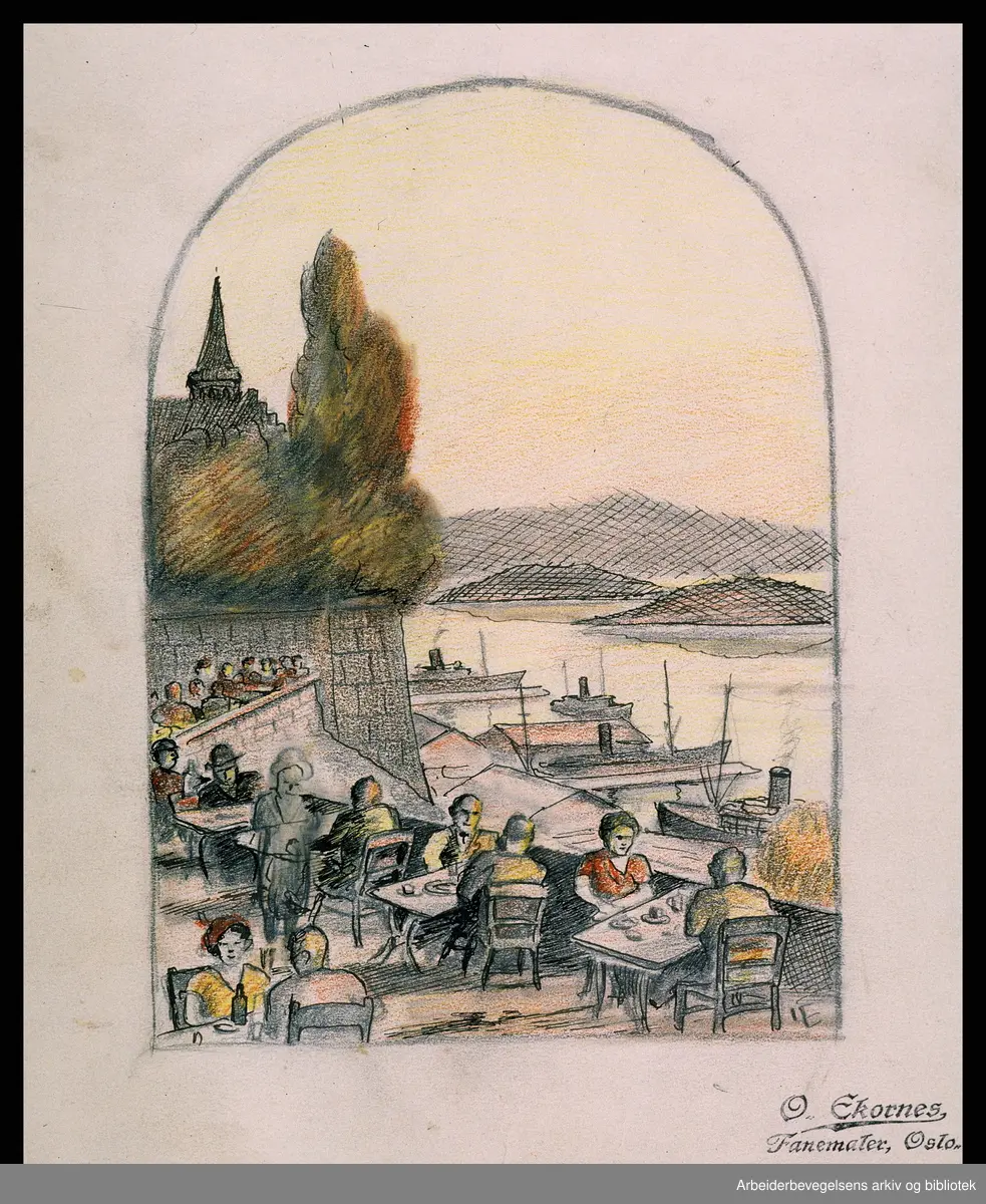 Skisse til midtfeltet på fane (baksiden) for Oslo Kelnerforening avd. 10, laget av fanemaler O. Ekornes, Oslo. Motivet er fra restaurant Skansen som lå på Kontraskjæret ved Akershus festning. Revet 1970 .