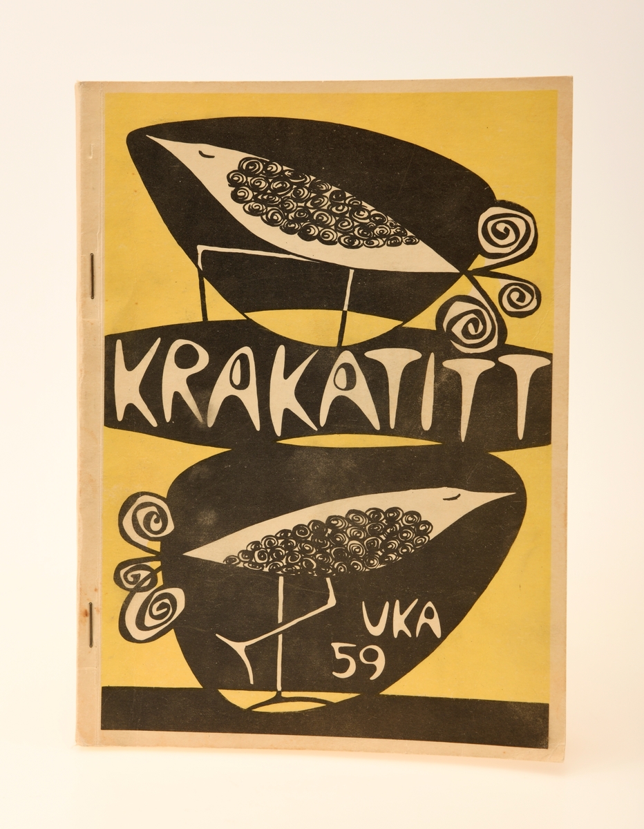 Programhefte for Krakatitt, UKA fra 1959. Heftet inneholder selve programmet for UKA, en rekke sangtekster, et kort sammendrag av UKA sin fortid, studentenes samtid, og reklamer fra diverse sponsorer. På forsiden ser man to fugler som ser til venstre og til høyre. Fuglene er plassert respektivt over og under tittelen "Krakatitt". Heftet er på totalt 128 sider.