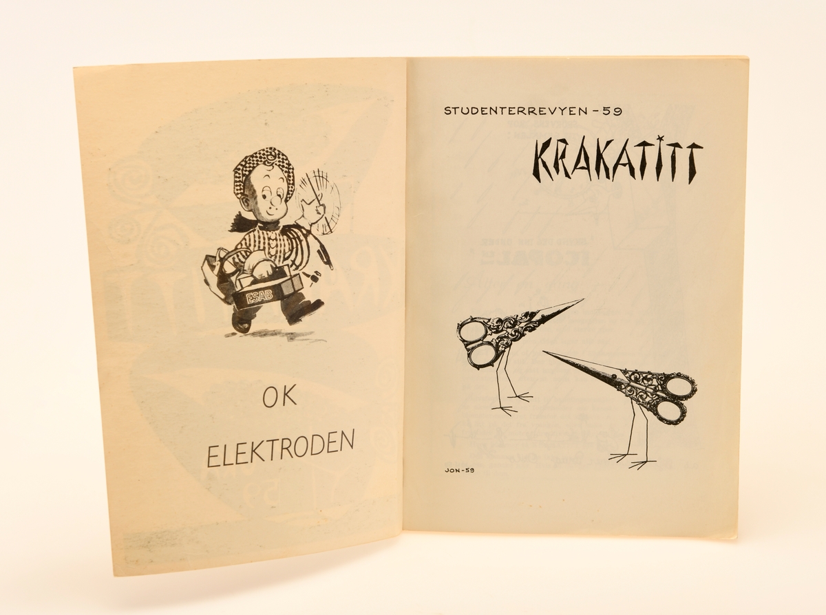 Programhefte for Krakatitt, UKA fra 1959. Heftet inneholder selve programmet for UKA, en rekke sangtekster, et kort sammendrag av UKA sin fortid, studentenes samtid, og reklamer fra diverse sponsorer. På forsiden ser man to fugler som ser til venstre og til høyre. Fuglene er plassert respektivt over og under tittelen "Krakatitt". Heftet er på totalt 128 sider.