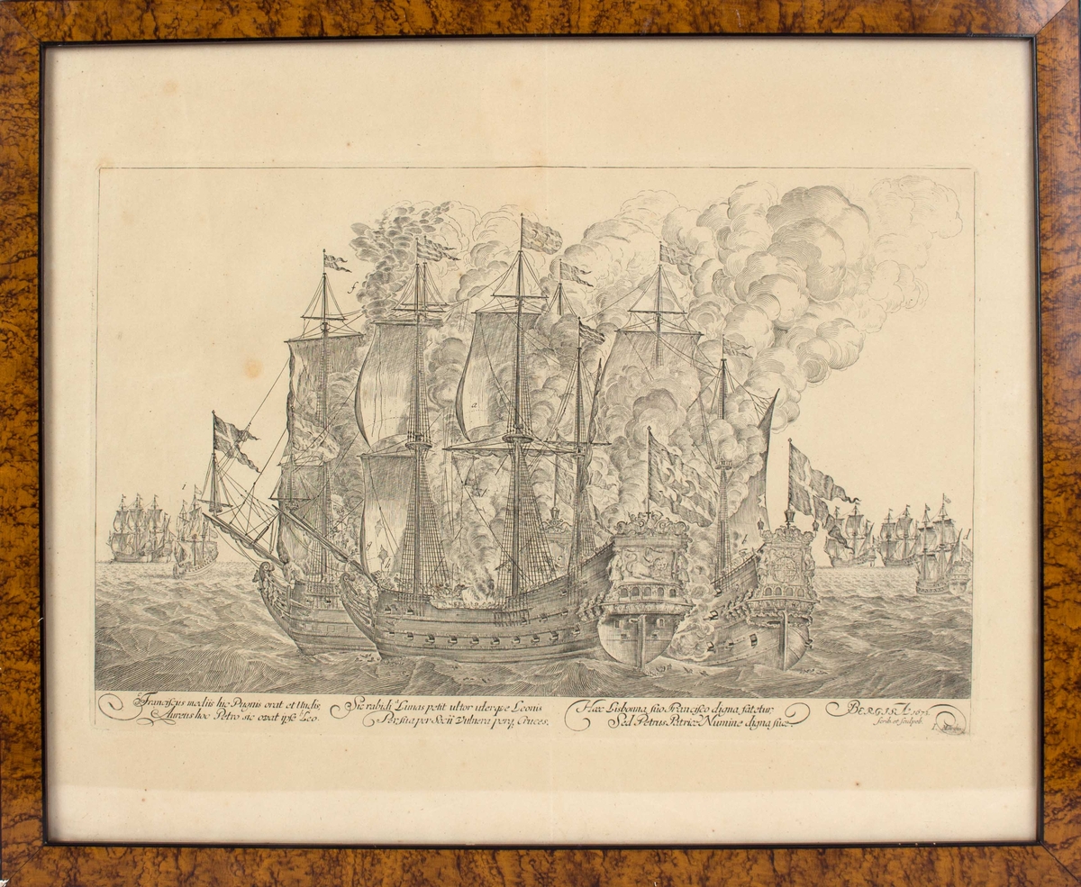 Kopi av kobberstikket fremstiller bergenske defensjonsskip i kamp med en algiersk korsar utenfor Portugals kyst 23 mai 1672.